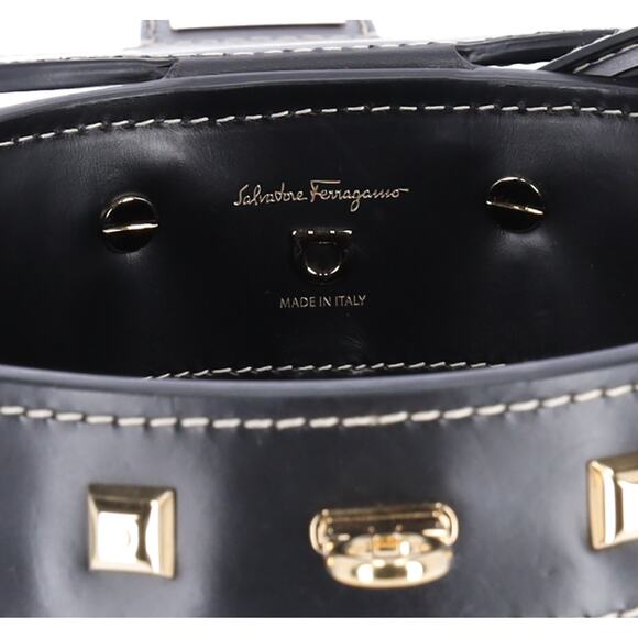 Salvatore Ferragamo Gancini Drawstring Bucket Bag Wicker Studded Leather + Pouch - Picture 11 of 11